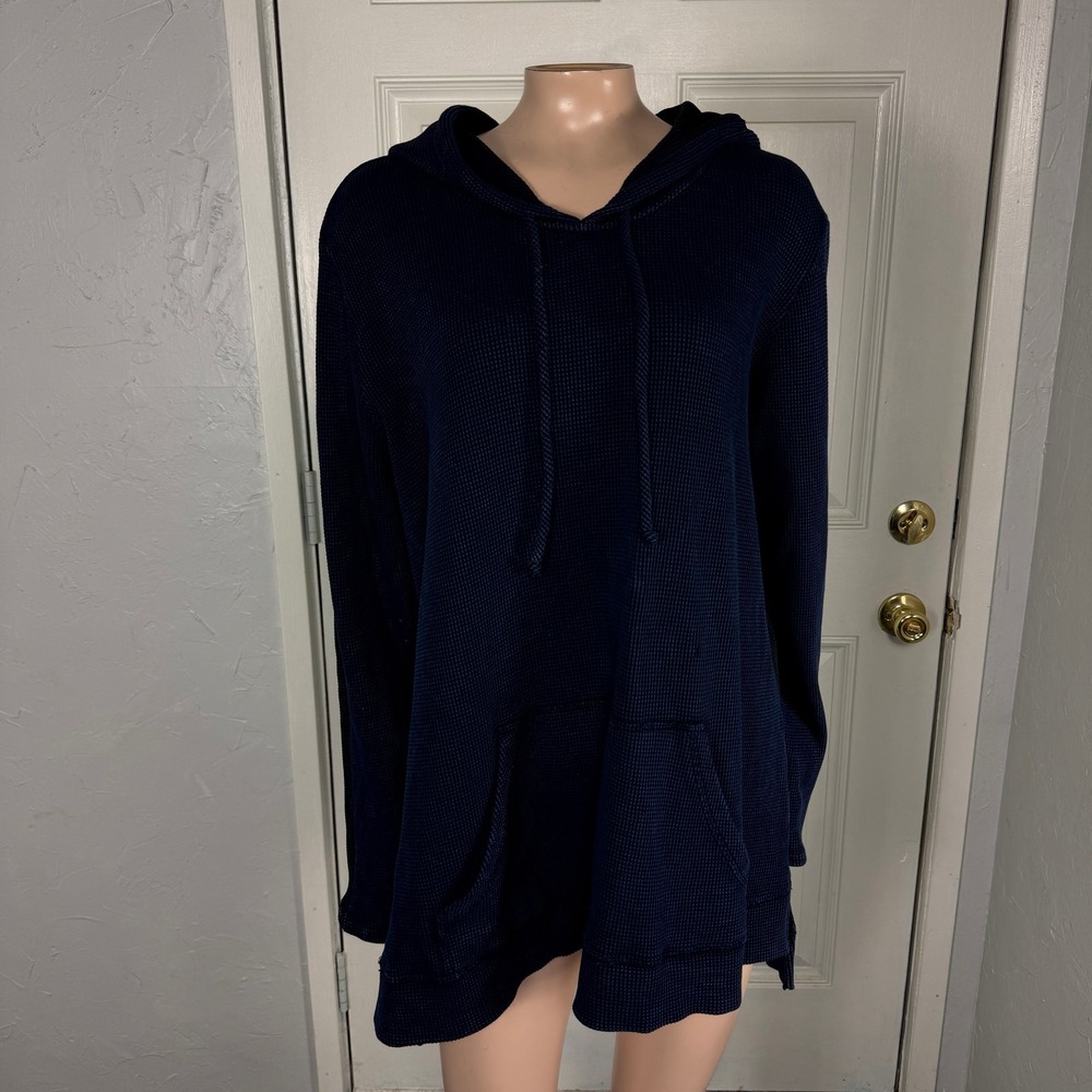 Fenini Women's Shirt M Thermal Hoodie Lagenlook Top Cotton Waffle knit Navy II16